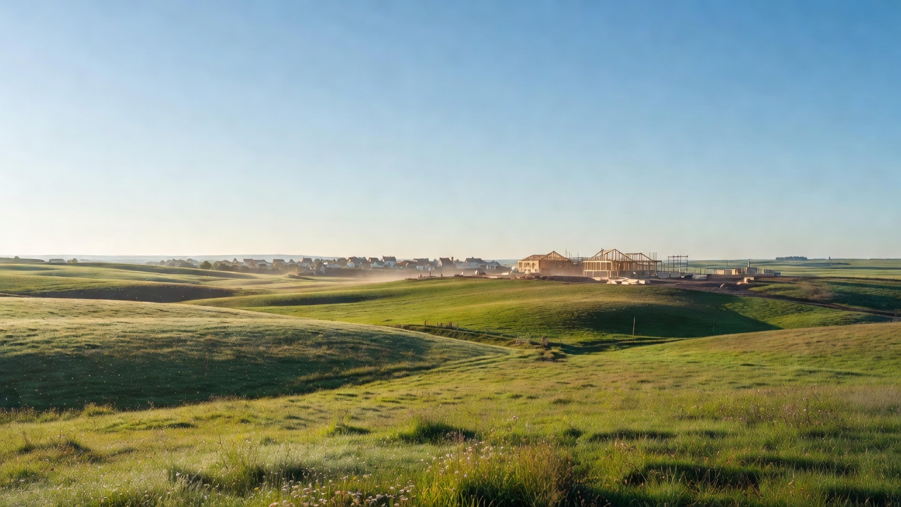 A wide bright morning view across open countryside toward new buildings under construction