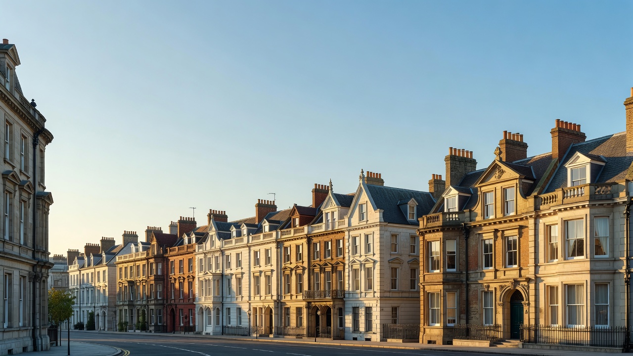 A wide bright morning view along a calm street of handsome established period buildings